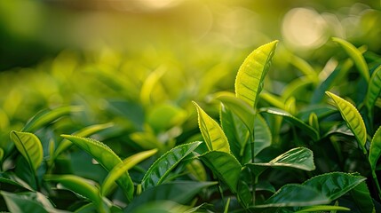 tea leaves in the corner in a blurred background of a tea plantation.