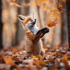 Baby fox playing with autumn leaves ,isolate ,minimal, simple background