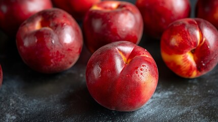 Obraz premium A bunch of red peaches with a shiny, wet surface. The peaches are arranged in a row on a black surface