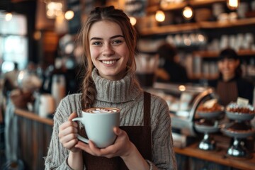 waitress serving gourmet hot chocolate in a mug. generative ai