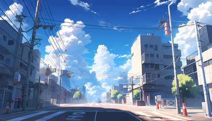 anime background illsutration, atmosphere of a empty street in the middle of a beautiful city