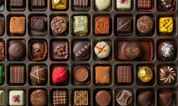 high-resolution photo of assorted chocolates in various shapes and colors, arranged in neat rows with space between each, highlighting unique textures and appearances 