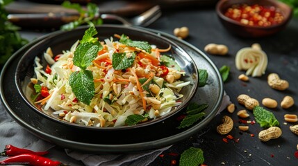 French cuisine. Cabbage salad with peanuts and mint.