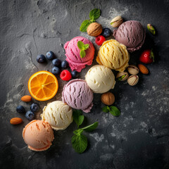 Various of ice cream flavor blueberry ,strawberry ,pistachio ,almond ,orange and cherry setup on dark stone background . Summer and Sweet menu concept.