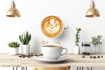 Latte with intricate foam art cozy café setting detailed photography coffee love warm ambiance