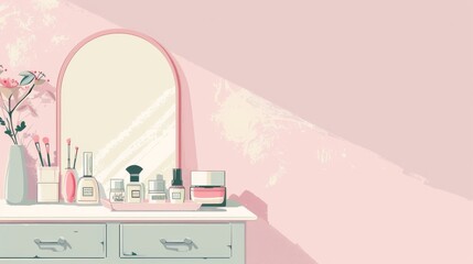 A stylish vanity table adorned with makeup items and skincare products, featuring a pastel color scheme