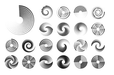 Dot circle pattern. Concentric vortex circles, circular ripple lines design. PNG. Dynamic abstract black spiral. White round dotted frames set isolated on black background.	