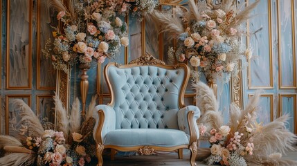 Luxurious tufted chair nestled among extravagant floral decorations, set against a wood-paneled wall for an opulent scene