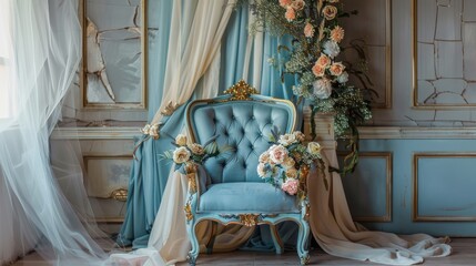 Classic blue tufted chair adorned with flowers in a vintage room with drapery and soft daylight