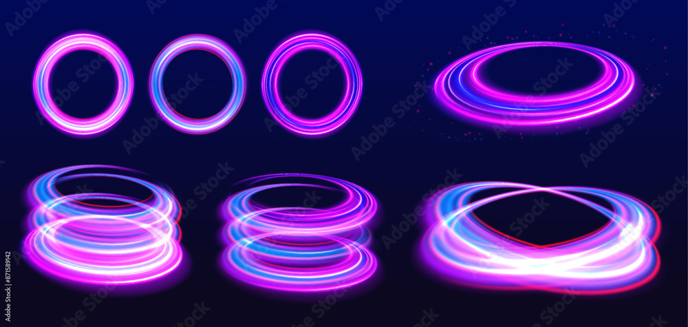 Poster Set of speed lines in circle shape of neon colors for your design. Curve light effect of blue line. Luminous blue circle.	