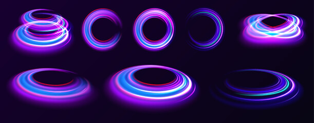 Set of speed lines in circle shape of neon colors for your design. Curve light effect of blue line. Luminous blue circle.	