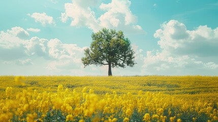Canola field in spring with a tree in the middle of a canola field with a bright sky natural landscape background 