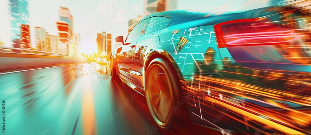 Poster illustration of a car navigation system with sensory radar signals and internet connectivity.