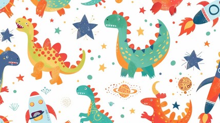 Whimsical illustration of dinosaurs among celestial bodies and spacecraft ideal for children's decor