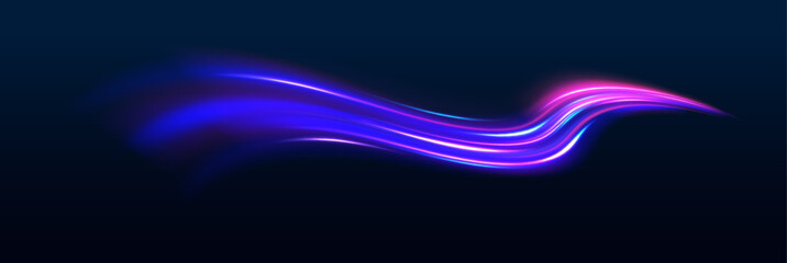 Lines in the shape of a comet against a dark background. Vortex streams of neon light. Magic of moving fast lines. Laser beams, horizontal light rays. Vector.	