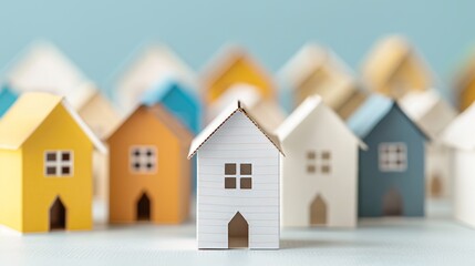 Naklejka premium Intricately detailed scale model of colorful cardboard houses, realistic design, isolated background, studio lighting, charming and lifelike