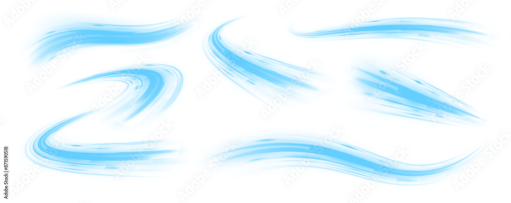 Leinwandbilder Wavy transparent curved lines in the form of the movement of sound waves in a set of different shapes of whirlpool. Light, light garland PNG.	
