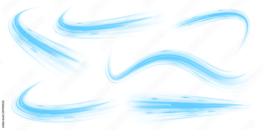 Poster Digital image of light rays, striped lines on a blue light background. Design element for visualizing air or water flow. Light, light garland PNG.	