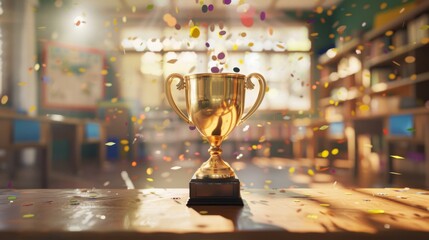 A shining golden trophy cup is centered with confetti falling around it, suggesting a celebration of success or victory in a room