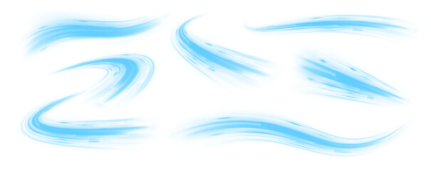 Fototapeta premium Wavy transparent curved lines in the form of the movement of sound waves in a set of different shapes of whirlpool. Light, light garland PNG. 