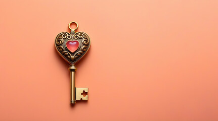 Banner, Vintage gold key with decorative heart shaped bow on minimal peach background