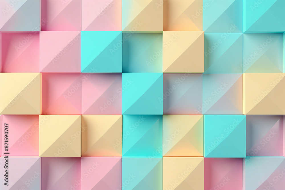Poster 3d rendering of a geometric background with pastel colored squares for presentation design, web bann