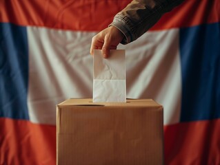 French voter with ballot paper in hand and France flag 
