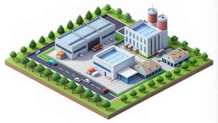 Obraz premium Minimalist 5d isometric of an intelligent industrial park scene with factory buildings, industrial, park, scene, 5d