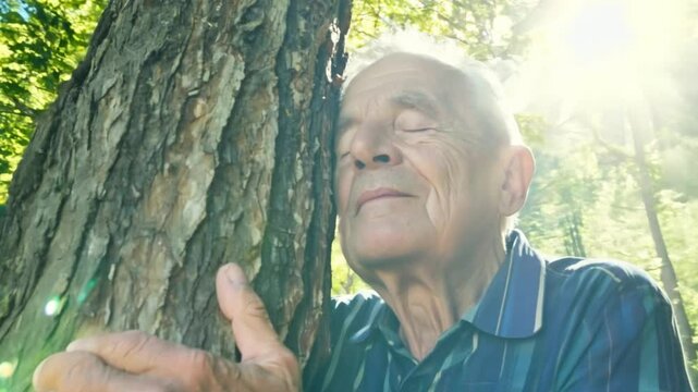 Senior man touching on old tree gently. Nature protection concept. World environment day. Enjoy nature,eco life. Elderly man in forest hugging tree in the woods earth concept