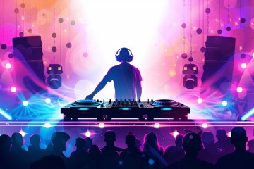 DJ performing at colorful concert vibrant lighting detailed crowd modern music culture