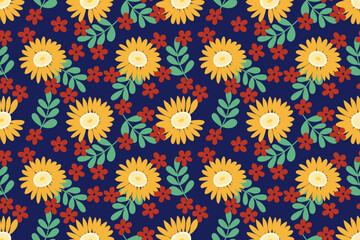 Seamless pattern  flowers with beautiful  daisies and leaves. floral and leaf design for fabric, cotton, wallpaper, satin, gift wrap, carpet.	