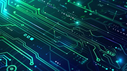 Detailed image of a circuit board with a futuristic blue and green light, representing technology and electronics