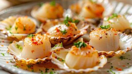 Obraz premium French cuisine. An appetizer of scallops in shells.