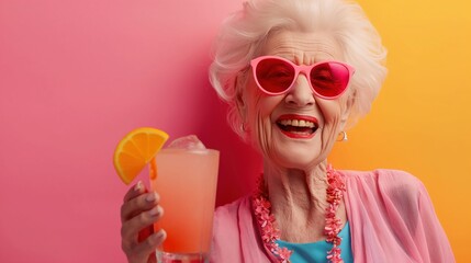 Elderly woman joyfully holding a cocktail with colorful sunglasses and fruit garnish, vibrant background for banners and menus