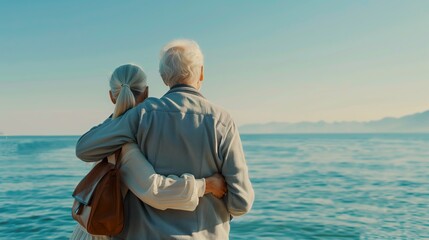 Fototapeta premium Romantic Senior Couple Enjoying Quality Time Together by the Ocean, Affectionate and Content in Retirement