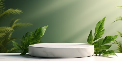 White Marble Podium with Green Leaves