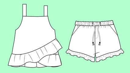 Girls vest tops with shorts set fashion flat sketch vector.  