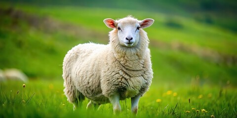 Naklejka premium Adorable sheep with fluffy white wool standing in a green meadow , cute, animals, farm, fluffy, adorable, wool, nature