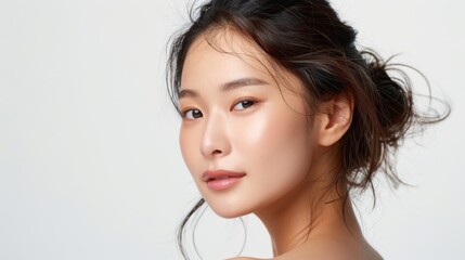 photograph of Portrait young Asian beautiful woman with K-beauty make up style and healthy and perfect skin isolated on white background for skincare commercial product advertising 