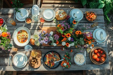 Rustic outdoor setting with wooden picnic table set in rich garden featuring flowers, fruit, bread, pasta, vegetables and meat. Perfect for foodie, nature lover or rustic wedding inspiration.