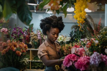 Black woman holds bouquet of pink white flowers in vibrant flower shop. Shop filled with colorful flowers and natural streams. Woman wears brown shirt, surrounded by blooming plants.