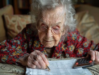 Elderly woman doing paperwork with a calculator at home