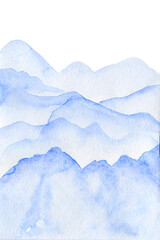 Abstract blue mountain landscape watercolor. Nature hand drawn wallpaper, hill paint graphic, isolated white background