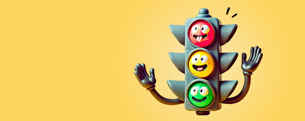 Funny Traffic Light with Emotions on Light Yellow Background. International Traffic Light Day