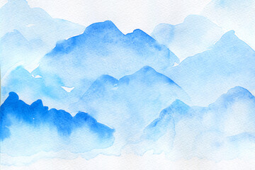 Abstract blue mountain landscape watercolor background. Nature mountain view wallpaper, beautiful hill painting graphic.