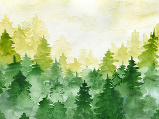 Ink painting of misty forest landscape with green trees in fog. Traditional oriental ink painting hand drawn background