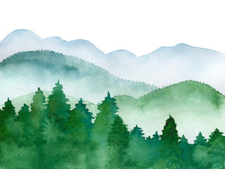 Panoramic landscape watercolor fog with misty mountains and coniferous forest, hand drawn background