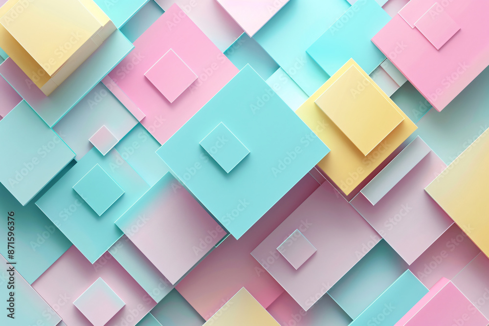 Fototapete 3D rendering of a geometric background with pastel colored squares for presentation design, web banner or poster. Flat lay. The rendering is done in the style of a minimalist geometric design with sof