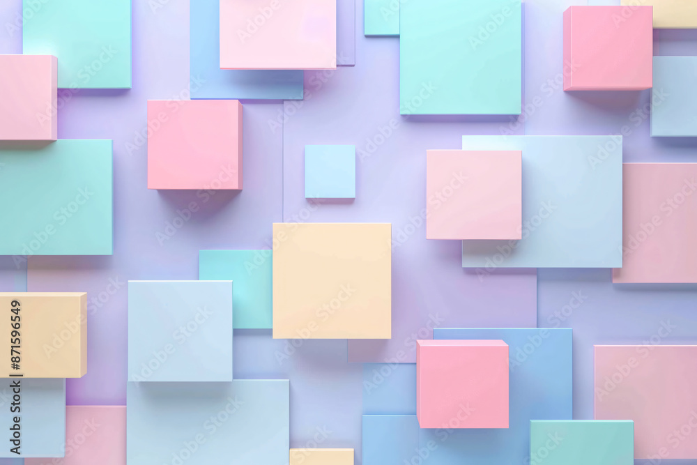 Poster 3d rendering of a geometric background with pastel colored squares for presentation design, web bann