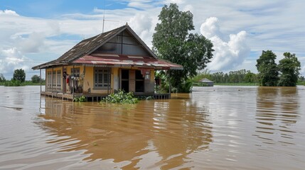 Obraz premium A single-story home sits surrounded by floodwater